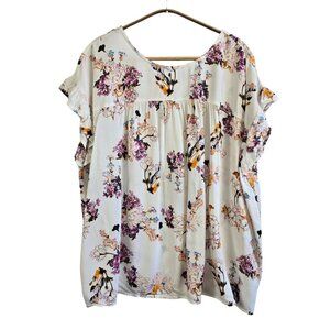 Kori America Blouse Small White Floral Drop Shoulder Short Sleeve Tie Back NWT